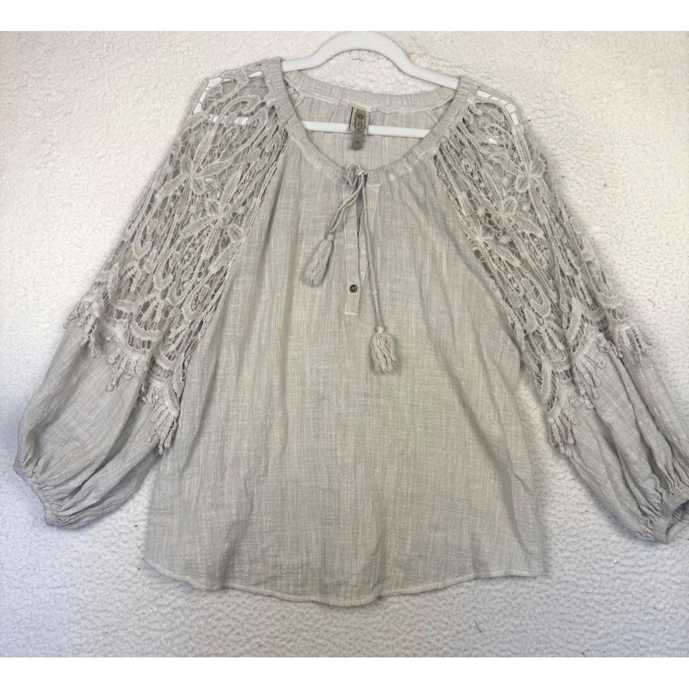 XCVI‎ Blouse Womens XS Beige Crochet Sleeve Tassel Tie Boho Peasant Tunic Top